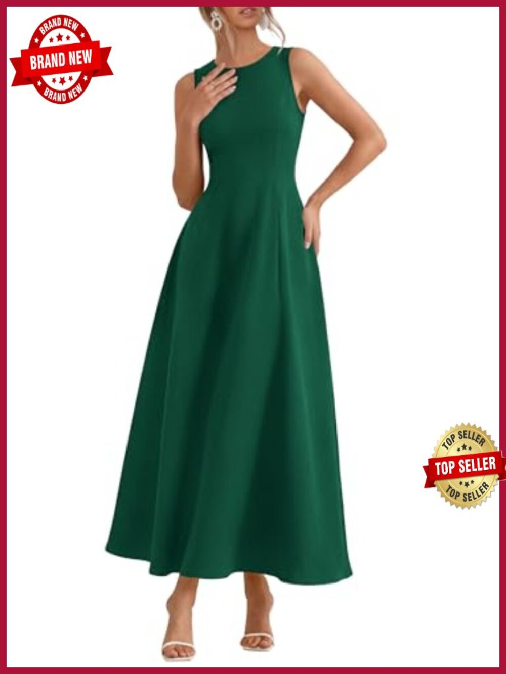 Sleeveless A-Line Maxi Dress with Pockets Stretch Knit